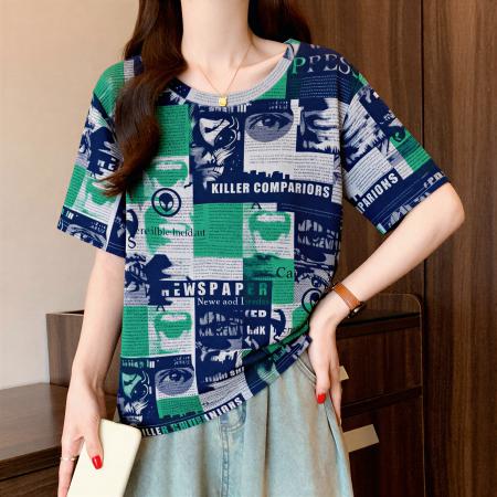 大码撞色字母印花正肩短袖t恤女夏季胖妹妹简约显瘦百搭上衣 服裝批發女裝批發服飾貨源