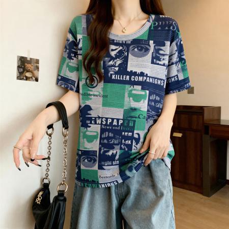 大码撞色字母印花正肩短袖t恤女夏季胖妹妹简约显瘦百搭上衣 服裝批發女裝批發服飾貨源