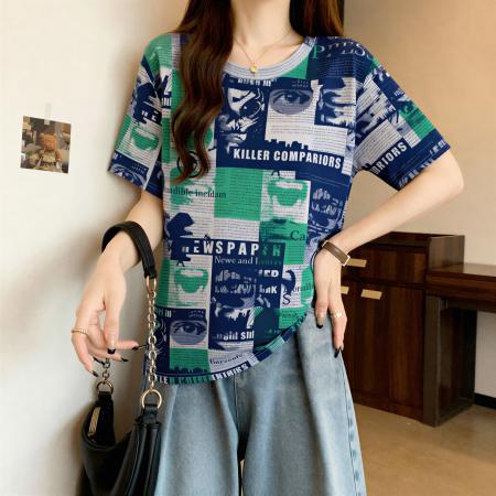 大码撞色字母印花正肩短袖t恤女夏季胖妹妹简约显瘦百搭上衣 服裝批發女裝批發服飾貨源