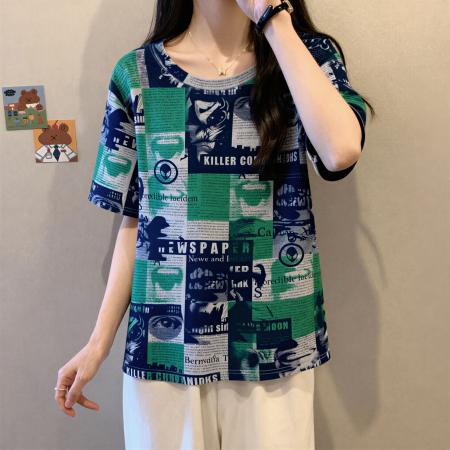 大码撞色字母印花正肩短袖t恤女夏季胖妹妹简约显瘦百搭上衣 服裝批發女裝批發服飾貨源