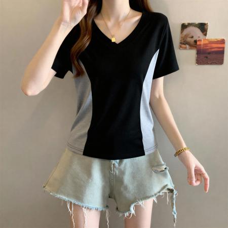 大码微胖mm韩系设计感拼色V领正肩短袖T恤女夏季修身显瘦百搭上衣 服裝批發女裝批發服飾貨源