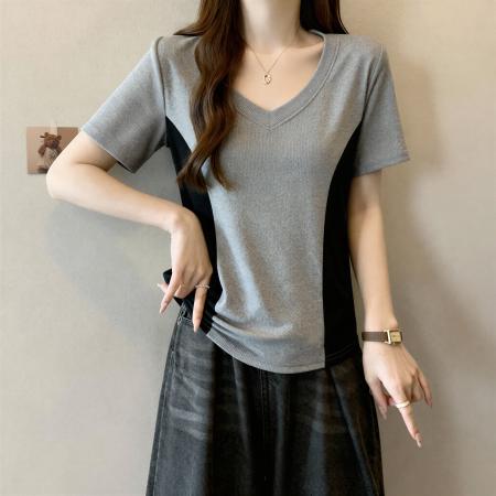 大码微胖mm韩系设计感拼色V领正肩短袖T恤女夏季修身显瘦百搭上衣 服裝批發女裝批發服飾貨源