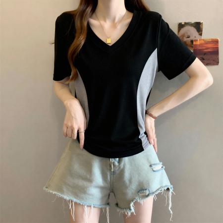 大码微胖mm韩系设计感拼色V领正肩短袖T恤女夏季修身显瘦百搭上衣 服裝批發女裝批發服飾貨源