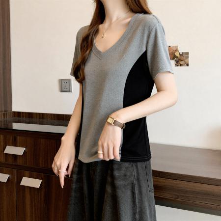 大码微胖mm韩系设计感拼色V领正肩短袖T恤女夏季修身显瘦百搭上衣 服裝批發女裝批發服飾貨源