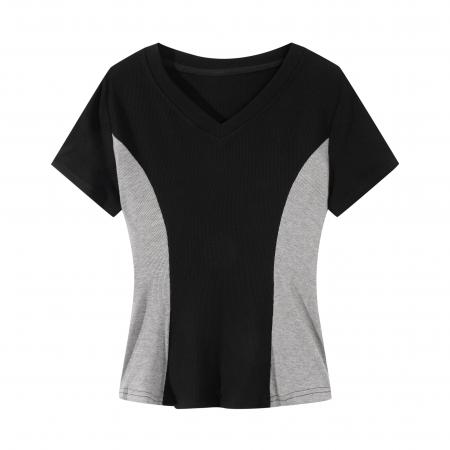 大码微胖mm韩系设计感拼色V领正肩短袖T恤女夏季修身显瘦百搭上衣 服裝批發女裝批發服飾貨源