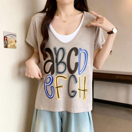 气质字母印花V领短袖T恤夏季新款大码胖MM宽松显瘦假两件上衣 服裝批發女裝批發服飾貨源