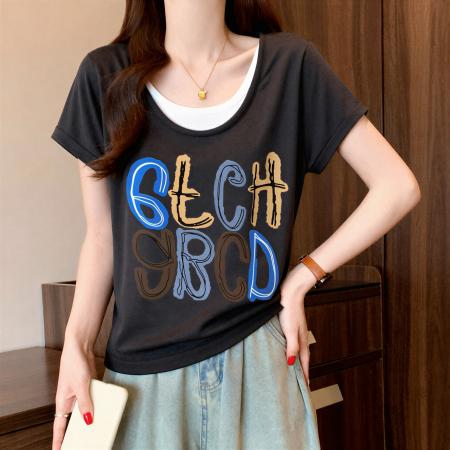 气质字母印花V领短袖T恤夏季新款大码胖MM宽松显瘦假两件上衣 服裝批發女裝批發服飾貨源