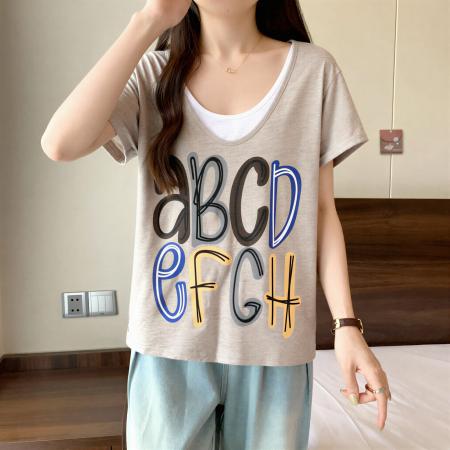 气质字母印花V领短袖T恤夏季新款大码胖MM宽松显瘦假两件上衣 服裝批發女裝批發服飾貨源