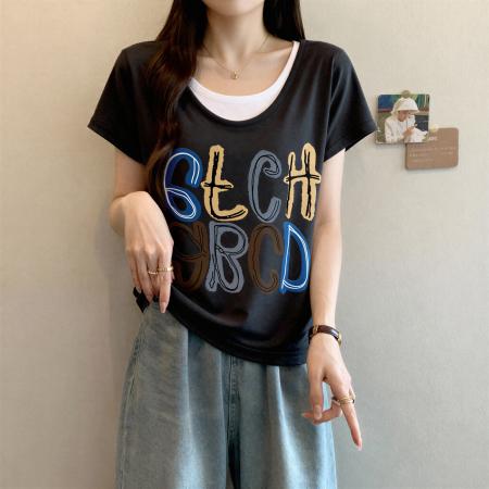 气质字母印花V领短袖T恤夏季新款大码胖MM宽松显瘦假两件上衣 服裝批發女裝批發服飾貨源