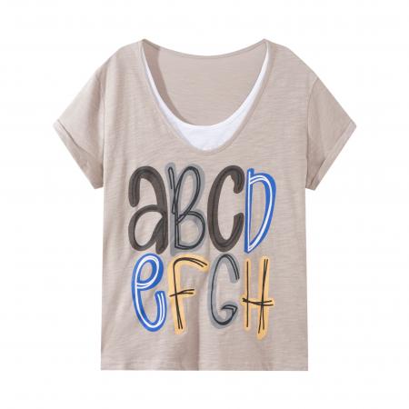 气质字母印花V领短袖T恤夏季新款大码胖MM宽松显瘦假两件上衣 服裝批發女裝批發服飾貨源