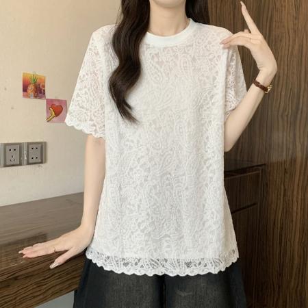 大码设计感蕾丝钩花短袖T恤女夏季微胖妹妹遮肚显瘦时尚上衣 服裝批發女裝批發服飾貨源