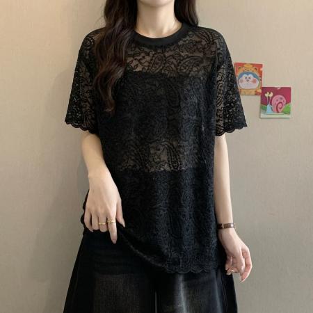大码设计感蕾丝钩花短袖T恤女夏季微胖妹妹遮肚显瘦时尚上衣 服裝批發女裝批發服飾貨源