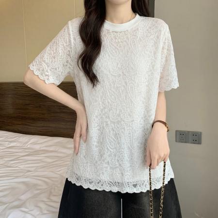 大码设计感蕾丝钩花短袖T恤女夏季微胖妹妹遮肚显瘦时尚上衣 服裝批發女裝批發服飾貨源