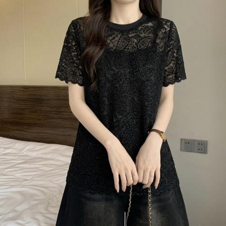 大码设计感蕾丝钩花短袖T恤女夏季微胖妹妹遮肚显瘦时尚上衣 服裝批發女裝批發服飾貨源