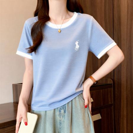 今年新款撞色条纹短袖女t恤夏季大码胖MM独特漂亮超好看上衣 服裝批發女裝批發服飾貨源