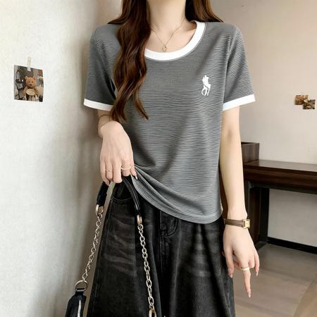 今年新款撞色条纹短袖女t恤夏季大码胖MM独特漂亮超好看上衣 服裝批發女裝批發服飾貨源