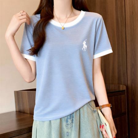 今年新款撞色条纹短袖女t恤夏季大码胖MM独特漂亮超好看上衣 服裝批發女裝批發服飾貨源