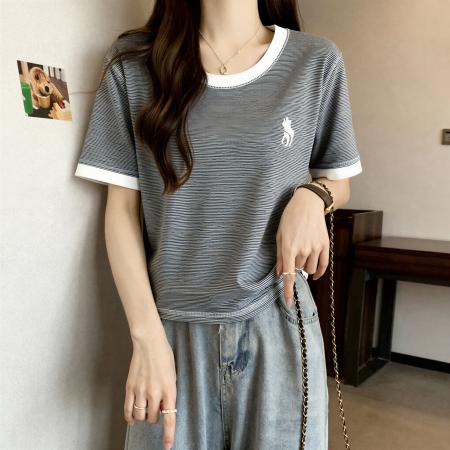 今年新款撞色条纹短袖女t恤夏季大码胖MM独特漂亮超好看上衣 服裝批發女裝批發服飾貨源