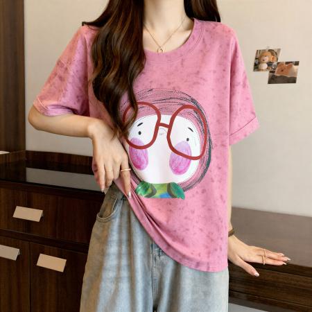 韩版撞色卡通印花短袖T恤女夏新款大码胖mm遮肚显瘦炸街上衣 服裝批發女裝批發服飾貨源