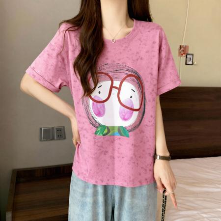 韩版撞色卡通印花短袖T恤女夏新款大码胖mm遮肚显瘦炸街上衣 服裝批發女裝批發服飾貨源