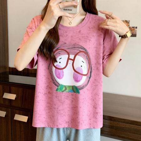 韩版撞色卡通印花短袖T恤女夏新款大码胖mm遮肚显瘦炸街上衣 服裝批發女裝批發服飾貨源