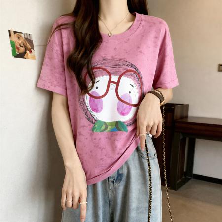 韩版撞色卡通印花短袖T恤女夏新款大码胖mm遮肚显瘦炸街上衣 服裝批發女裝批發服飾貨源