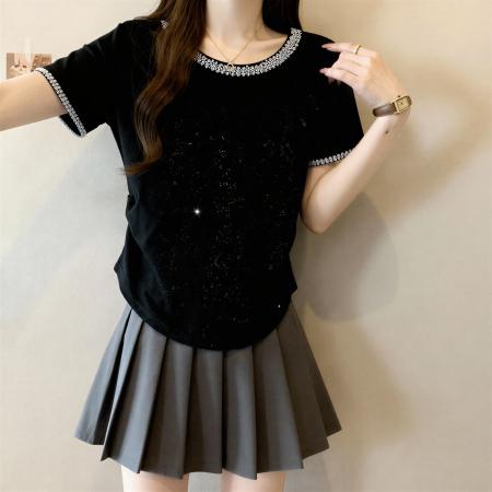 重工满天星镶钻圆领短袖t恤大码微胖MM夏季显瘦气质修身上衣 服裝批發女裝批發服飾貨源