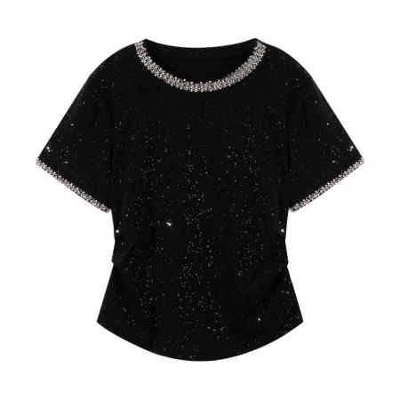 重工满天星镶钻圆领短袖t恤大码微胖MM夏季显瘦气质修身上衣 服裝批發女裝批發服飾貨源