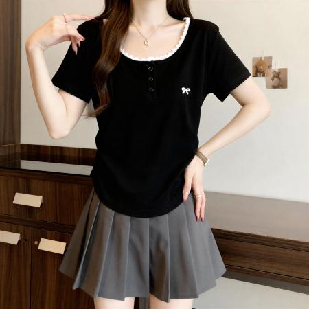 大码蝴蝶结蕾丝拼接圆领短袖T恤夏季胖MM设计感修身褶皱收腰上衣 服裝批發女裝批發服飾貨源