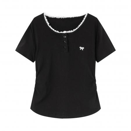 大码蝴蝶结蕾丝拼接圆领短袖T恤夏季胖MM设计感修身褶皱收腰上衣 服裝批發女裝批發服飾貨源