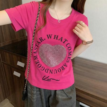 大码女装胖mm高级感爱心烫钻短袖T恤夏季宽松显瘦别致小上衣 服裝批發女裝批發服飾貨源