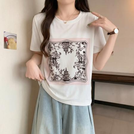 大码美式印花宽松短袖t恤女新款夏季微胖MM遮肚显瘦洋气上衣 服裝批發女裝批發服飾貨源