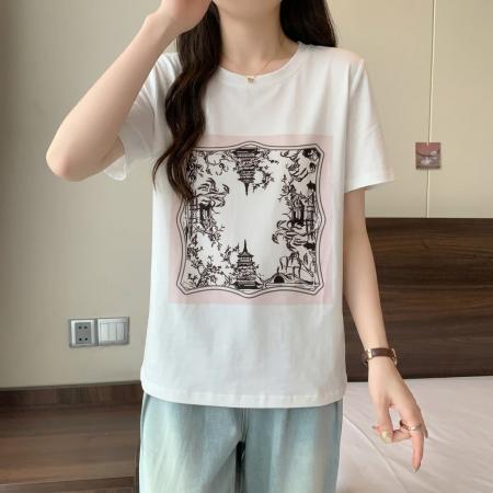 大码美式印花宽松短袖t恤女新款夏季微胖MM遮肚显瘦洋气上衣 服裝批發女裝批發服飾貨源