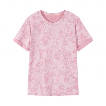 夏季新款欧货粉色印花圆领短袖t恤大码女胖MM设计感别致洋气上衣 服裝批發女裝批發服飾貨源