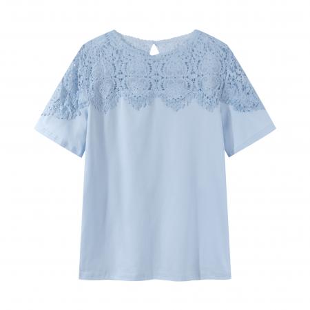 大码欧货蕾丝钩花拼接短袖t恤女新款夏季设计感漂亮别致上衣 服裝批發女裝批發服飾貨源