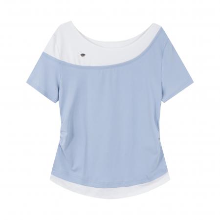 大码女装撞色假两件正肩短袖t恤夏季微胖MM遮肉显瘦修身上衣 服裝批發女裝批發服飾貨源