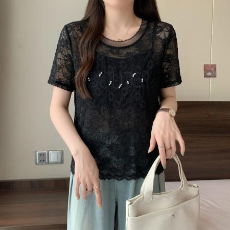 高级感蕾丝钉珠正肩短袖T恤女大码夏季胖MM独特漂亮洋气上衣 服裝批發女裝批發服飾貨源