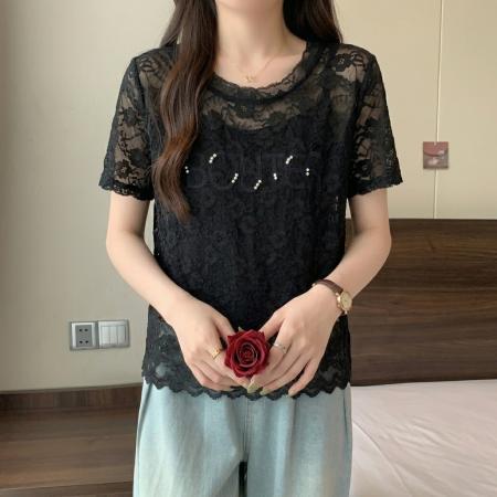 高级感蕾丝钉珠正肩短袖T恤女大码夏季胖MM独特漂亮洋气上衣 服裝批發女裝批發服飾貨源