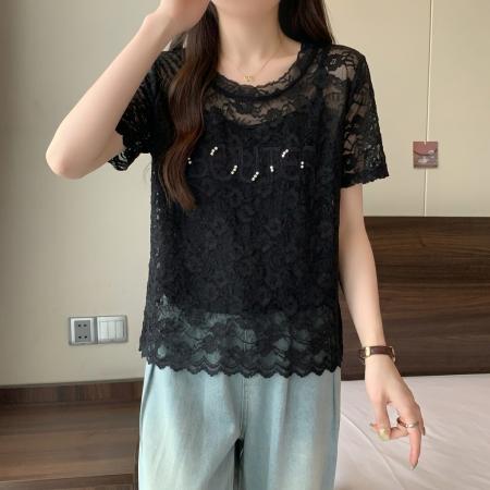 高级感蕾丝钉珠正肩短袖T恤女大码夏季胖MM独特漂亮洋气上衣 服裝批發女裝批發服飾貨源