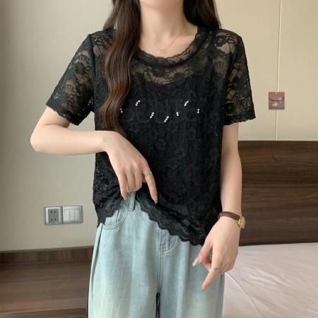 高级感蕾丝钉珠正肩短袖T恤女大码夏季胖MM独特漂亮洋气上衣 服裝批發女裝批發服飾貨源