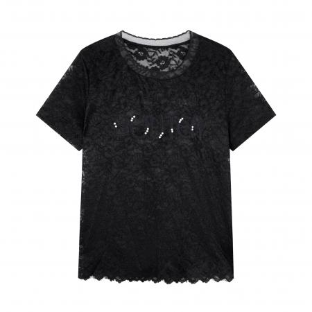 高级感蕾丝钉珠正肩短袖T恤女大码夏季胖MM独特漂亮洋气上衣 服裝批發女裝批發服飾貨源