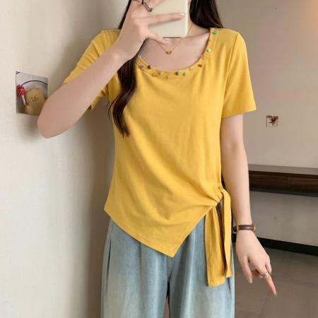 不规则收腰方领短袖t恤女夏季大码胖mm显瘦绑带掐腰遮肉上衣 服裝批發女裝批發服飾貨源