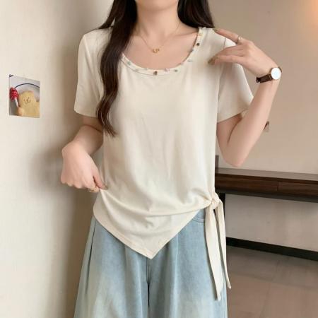 不规则收腰方领短袖t恤女夏季大码胖mm显瘦绑带掐腰遮肉上衣 服裝批發女裝批發服飾貨源