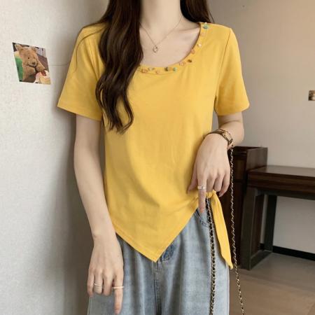 不规则收腰方领短袖t恤女夏季大码胖mm显瘦绑带掐腰遮肉上衣 服裝批發女裝批發服飾貨源