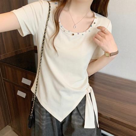 不规则收腰方领短袖t恤女夏季大码胖mm显瘦绑带掐腰遮肉上衣 服裝批發女裝批發服飾貨源