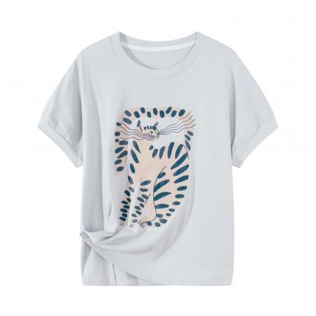 夏季侧扣收腰印花圆领短袖t恤大码胖MM洋气显瘦减龄半袖上衣 服裝批發女裝批發服飾貨源