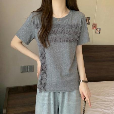 大门胖MM欧货木耳边圆领短袖T恤女夏季新款显瘦漂亮正肩上衣 服裝批發女裝批發服飾貨源