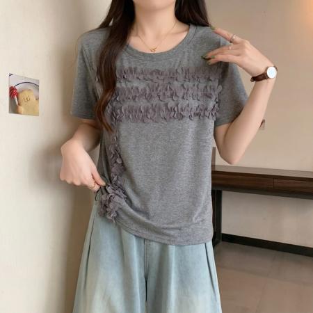 大门胖MM欧货木耳边圆领短袖T恤女夏季新款显瘦漂亮正肩上衣 服裝批發女裝批發服飾貨源