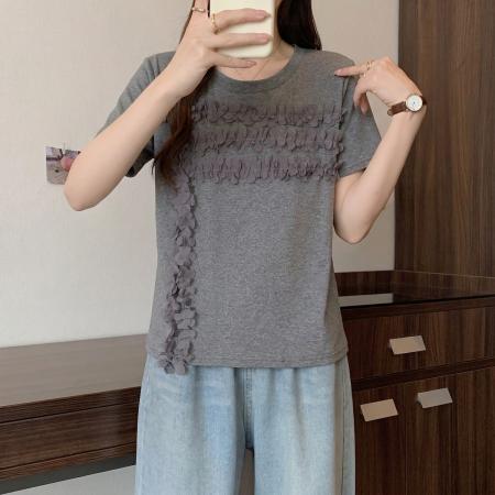 大门胖MM欧货木耳边圆领短袖T恤女夏季新款显瘦漂亮正肩上衣 服裝批發女裝批發服飾貨源