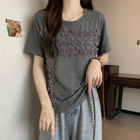 大门胖MM欧货木耳边圆领短袖T恤女夏季新款显瘦漂亮正肩上衣 服裝批發女裝批發服飾貨源